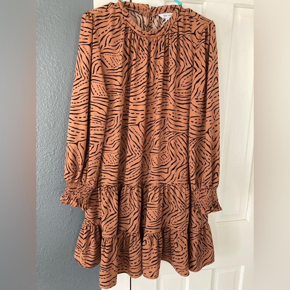 Nine West Rust Brown and Black Printed Long Sleeve Tiered Dress